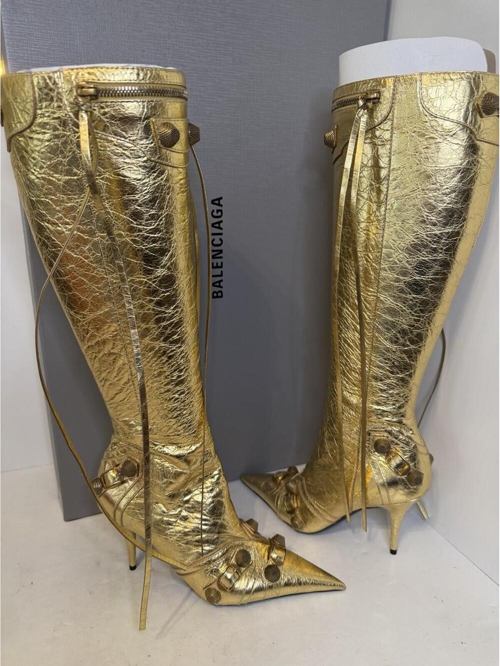 NIB $2,600 Balenciaga Cagole Leather Designer Boot DEMNA Gold knee 37